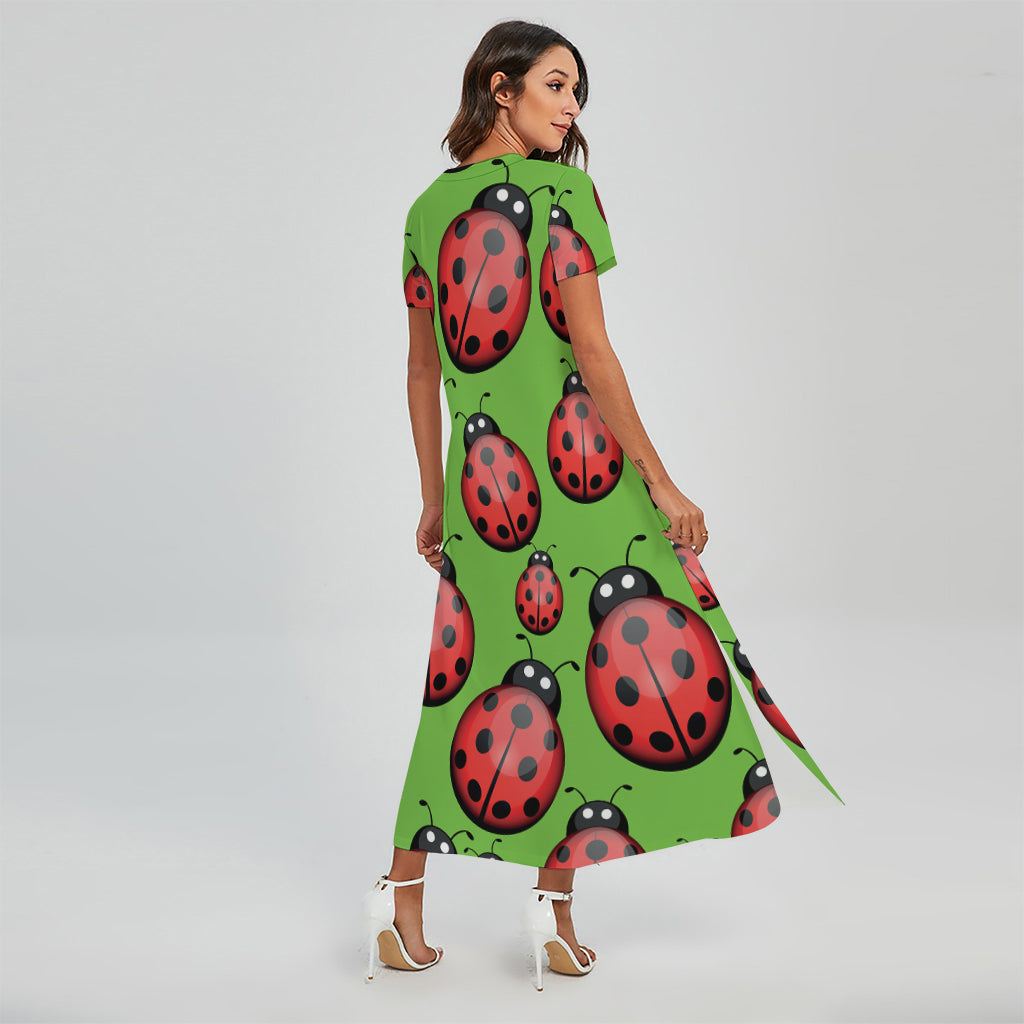 Cute Ladybug Pattern Print Short Sleeve Maxi Dress