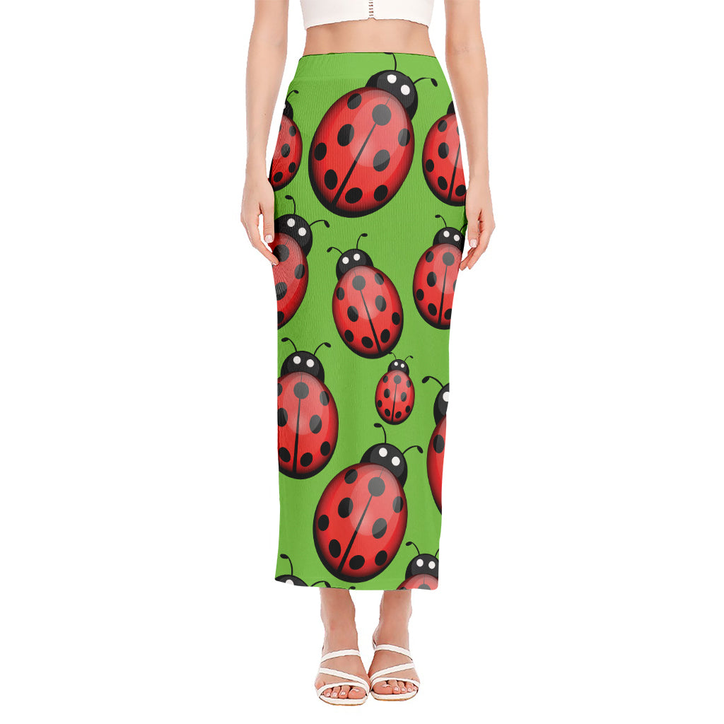 Cute Ladybug Pattern Print Side Slit Maxi Skirt