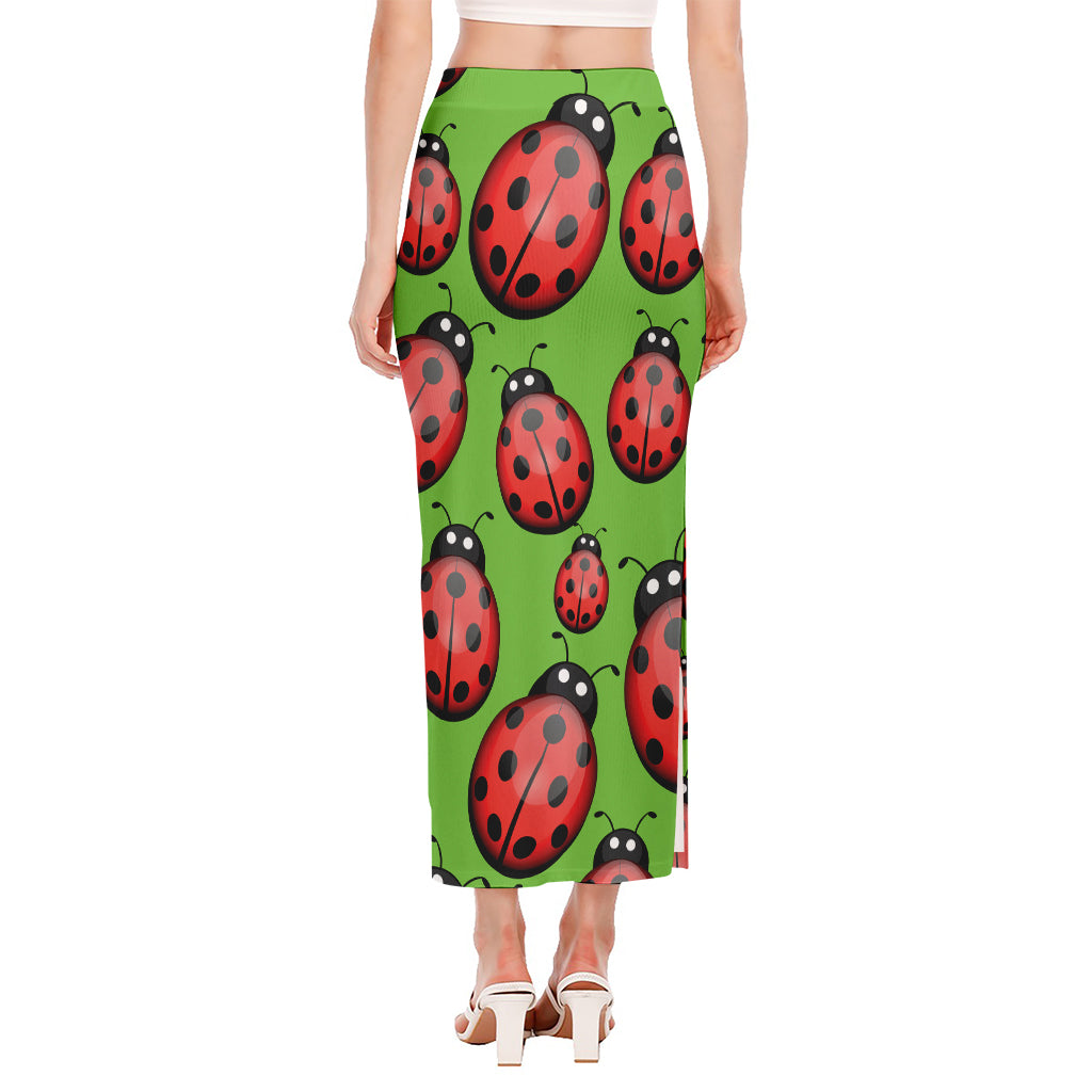 Cute Ladybug Pattern Print Side Slit Maxi Skirt