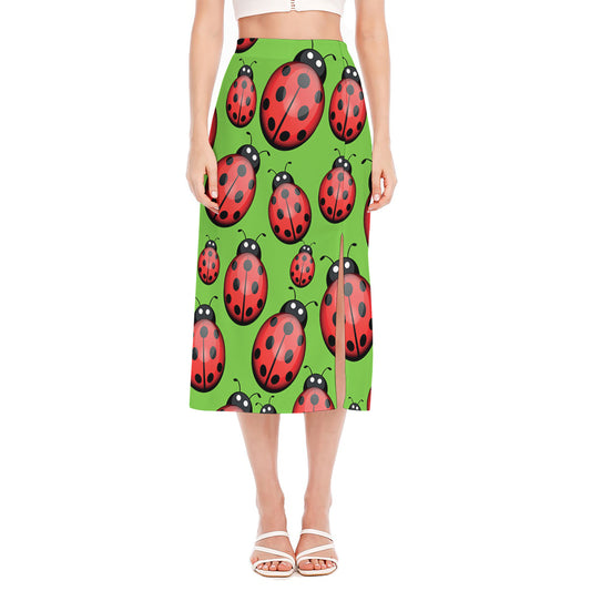 Cute Ladybug Pattern Print Side Slit Midi Skirt