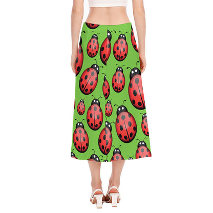 Cute Ladybug Pattern Print Side Slit Midi Skirt