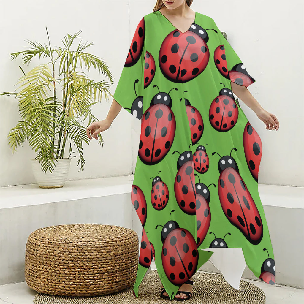 Cute Ladybug Pattern Print Silk V-Neck Kaftan Dress