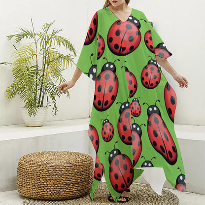 Cute Ladybug Pattern Print Silk V-Neck Kaftan Dress