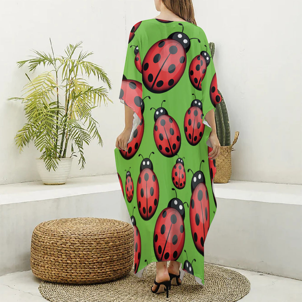 Cute Ladybug Pattern Print Silk V-Neck Kaftan Dress
