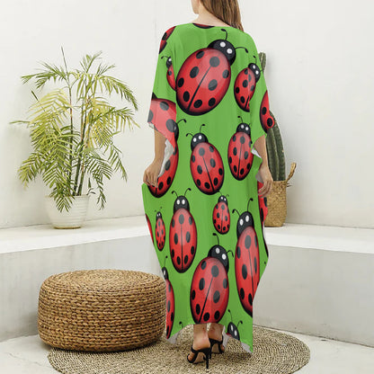 Cute Ladybug Pattern Print Silk V-Neck Kaftan Dress