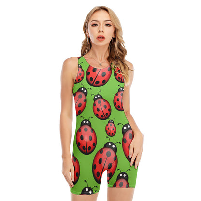 Cute Ladybug Pattern Print Sleeveless One Piece Swimsuit