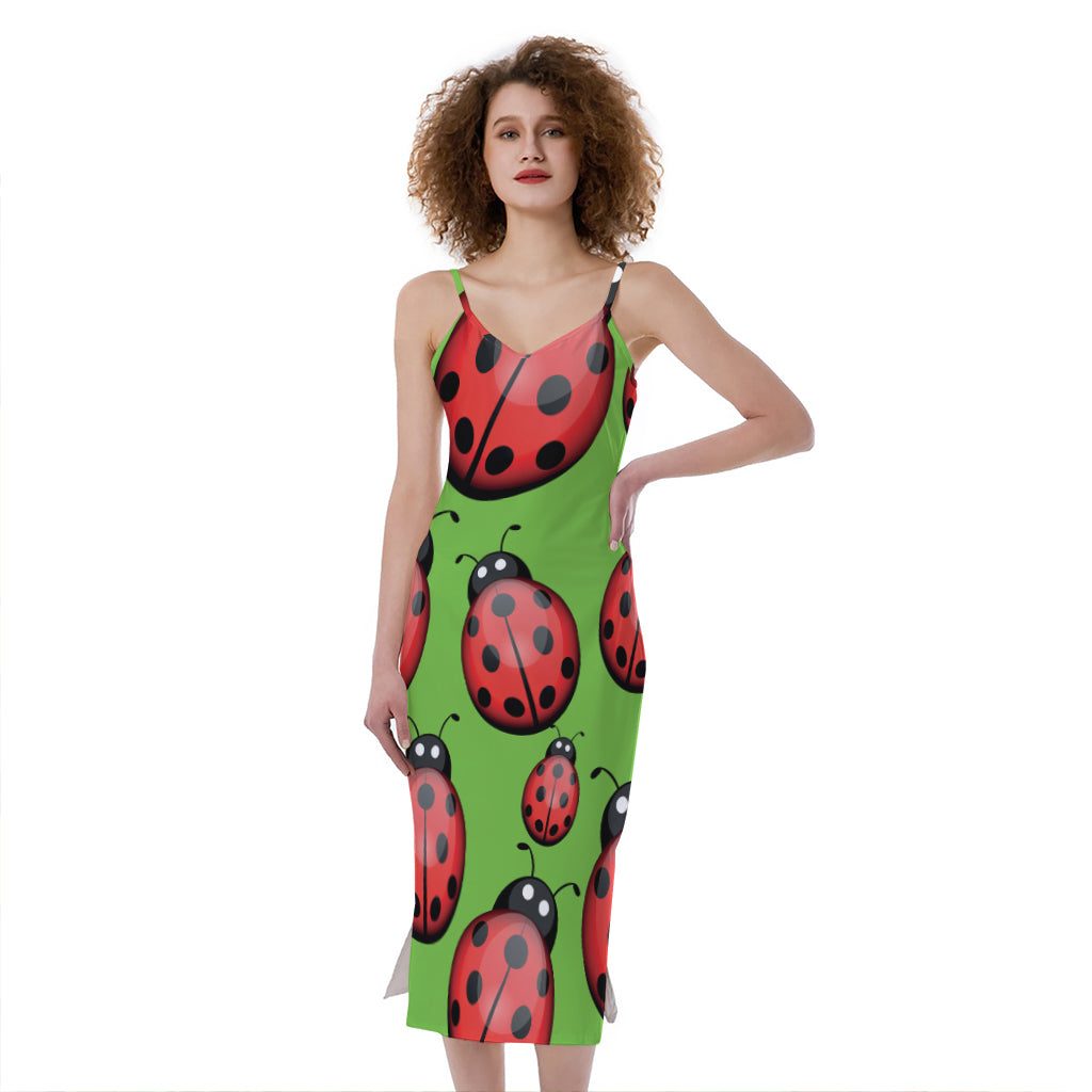 Cute Ladybug Pattern Print Slim Fit Midi Cami Dress