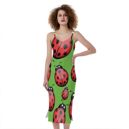 Cute Ladybug Pattern Print Slim Fit Midi Cami Dress