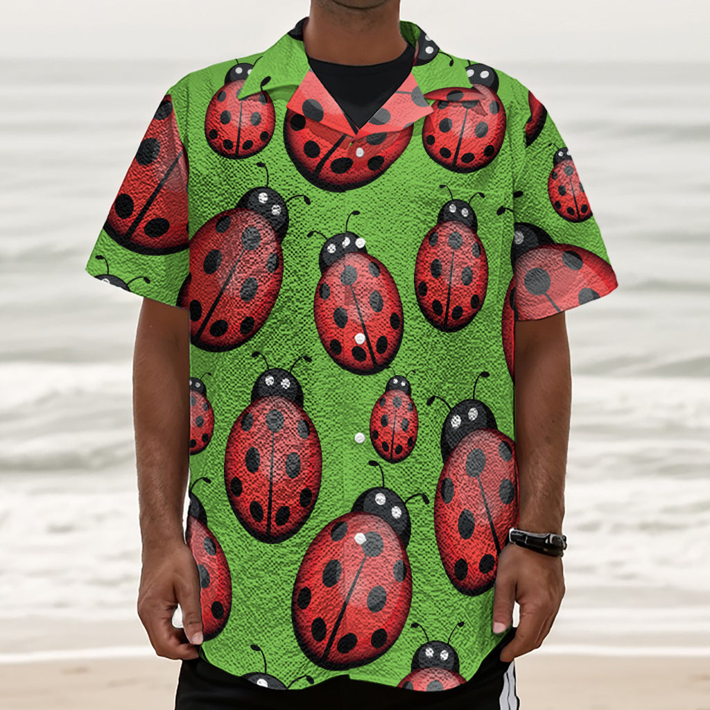 Cute Ladybug Pattern Print Textured Short Sleeve Shirt