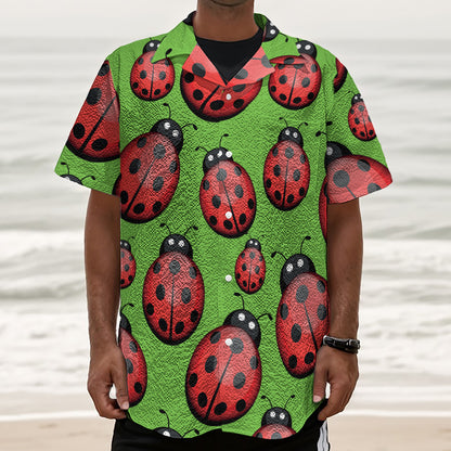 Cute Ladybug Pattern Print Textured Short Sleeve Shirt