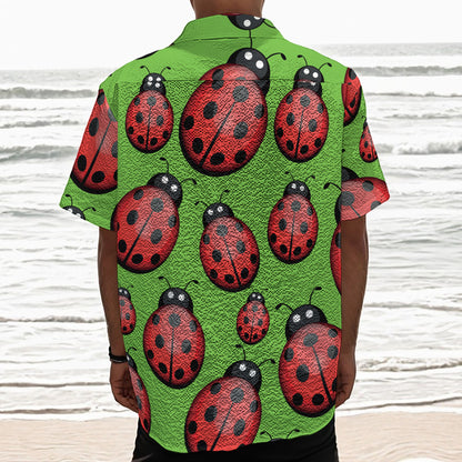 Cute Ladybug Pattern Print Textured Short Sleeve Shirt