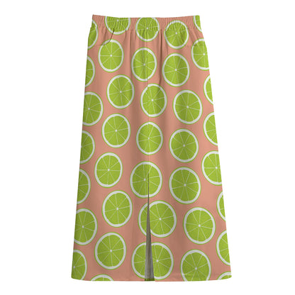 Cute Lime Pattern Print Cotton Front Slit Maxi Skirt