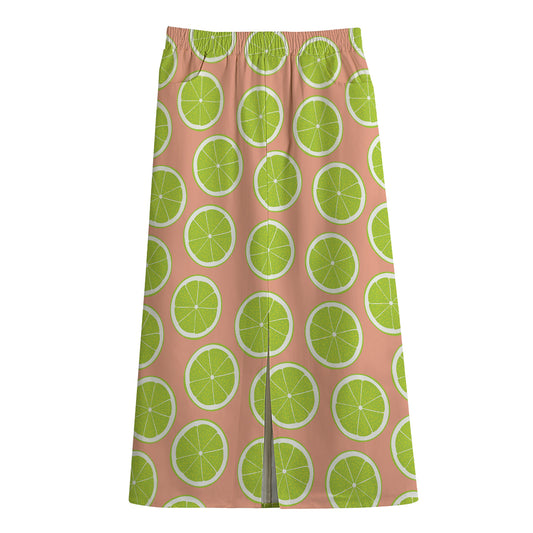 Cute Lime Pattern Print Cotton Front Slit Maxi Skirt