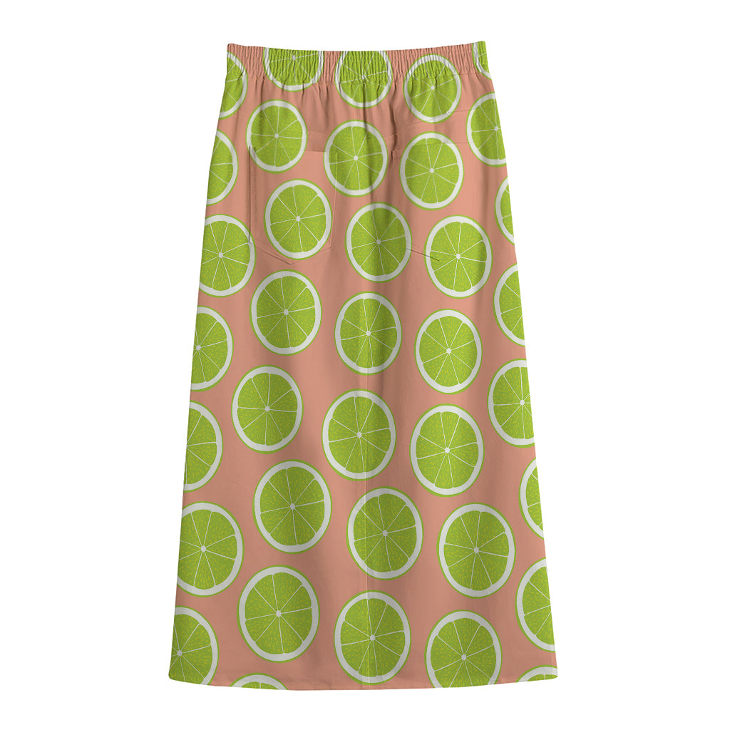 Cute Lime Pattern Print Cotton Front Slit Maxi Skirt