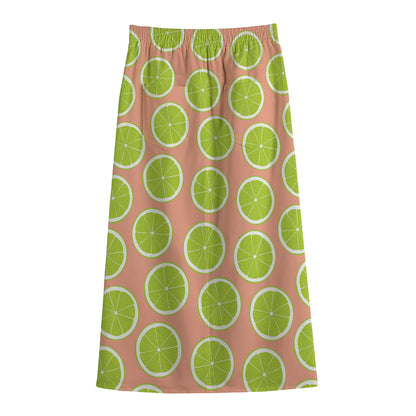 Cute Lime Pattern Print Cotton Front Slit Maxi Skirt