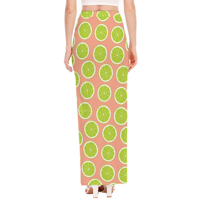 Cute Lime Pattern Print High Slit Maxi Skirt