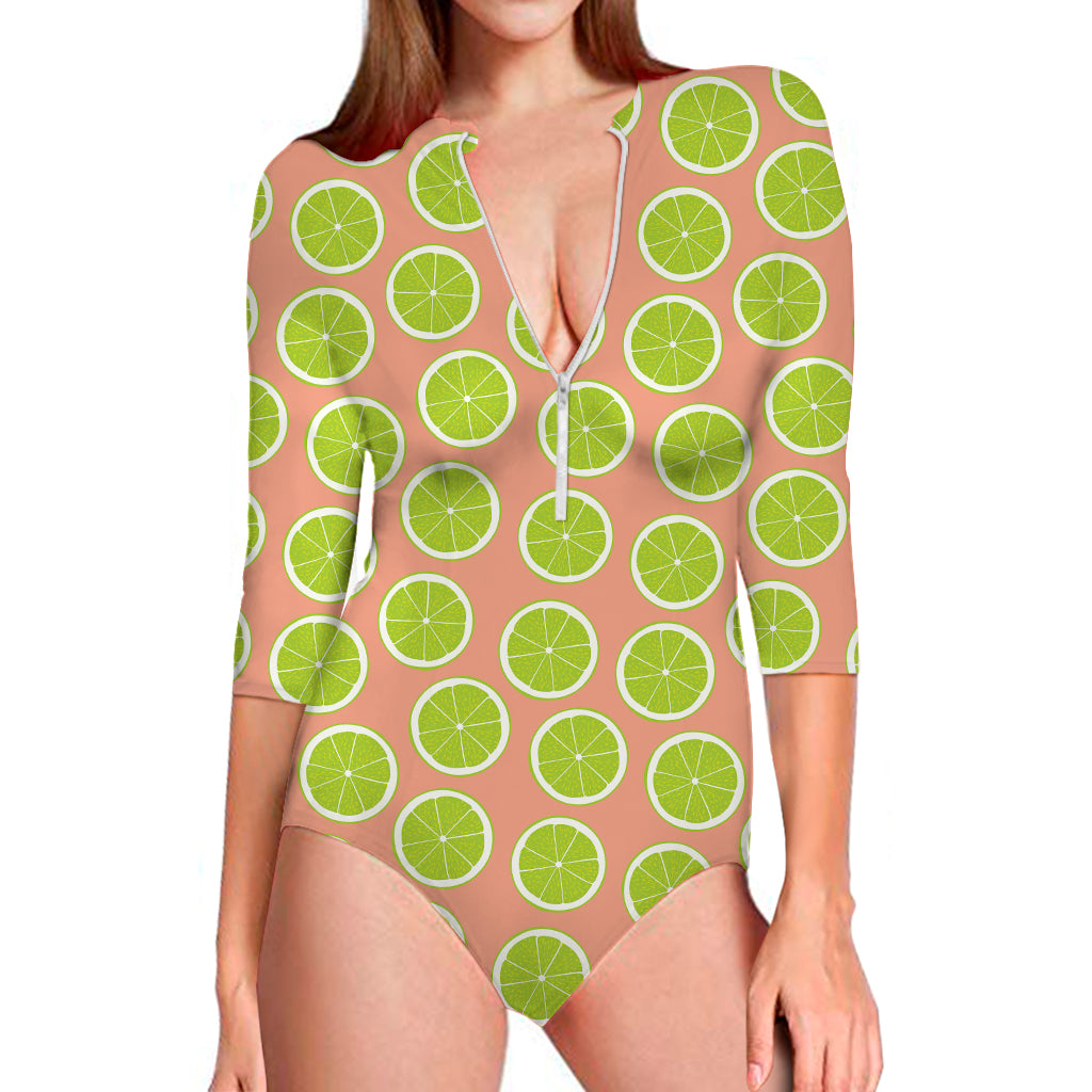 Cute Lime Pattern Print Long Sleeve Swimsuit