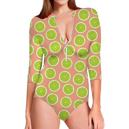 Cute Lime Pattern Print Long Sleeve Swimsuit