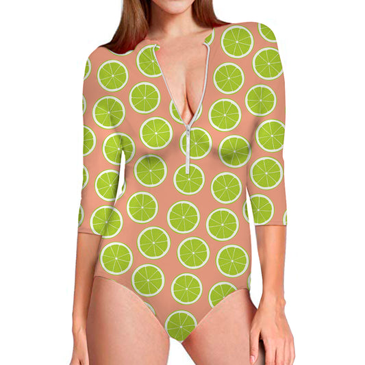 Cute Lime Pattern Print Long Sleeve Swimsuit