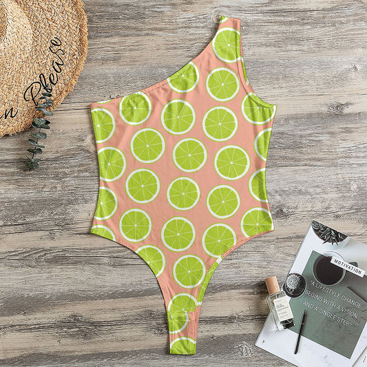 Cute Lime Pattern Print One Shoulder Bodysuit