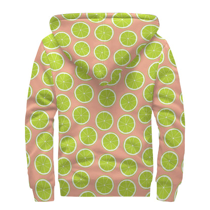 Cute Lime Pattern Print Sherpa Lined Zip Up Hoodie