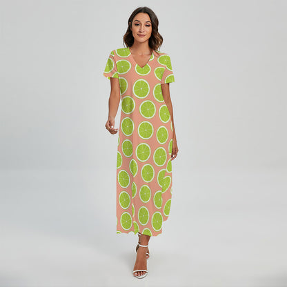 Cute Lime Pattern Print Short Sleeve Maxi Dress