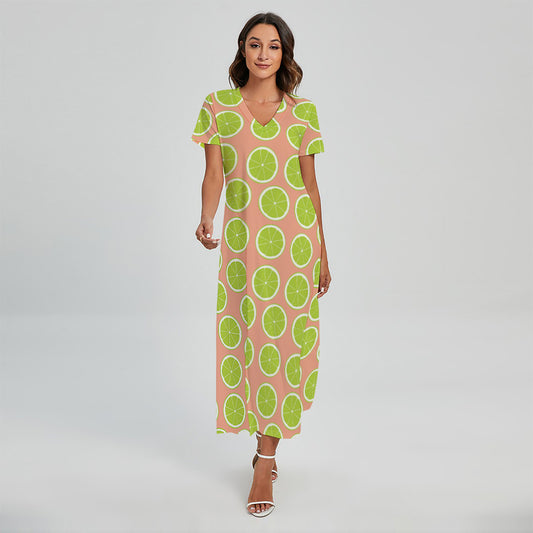 Cute Lime Pattern Print Short Sleeve Maxi Dress