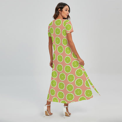 Cute Lime Pattern Print Short Sleeve Maxi Dress