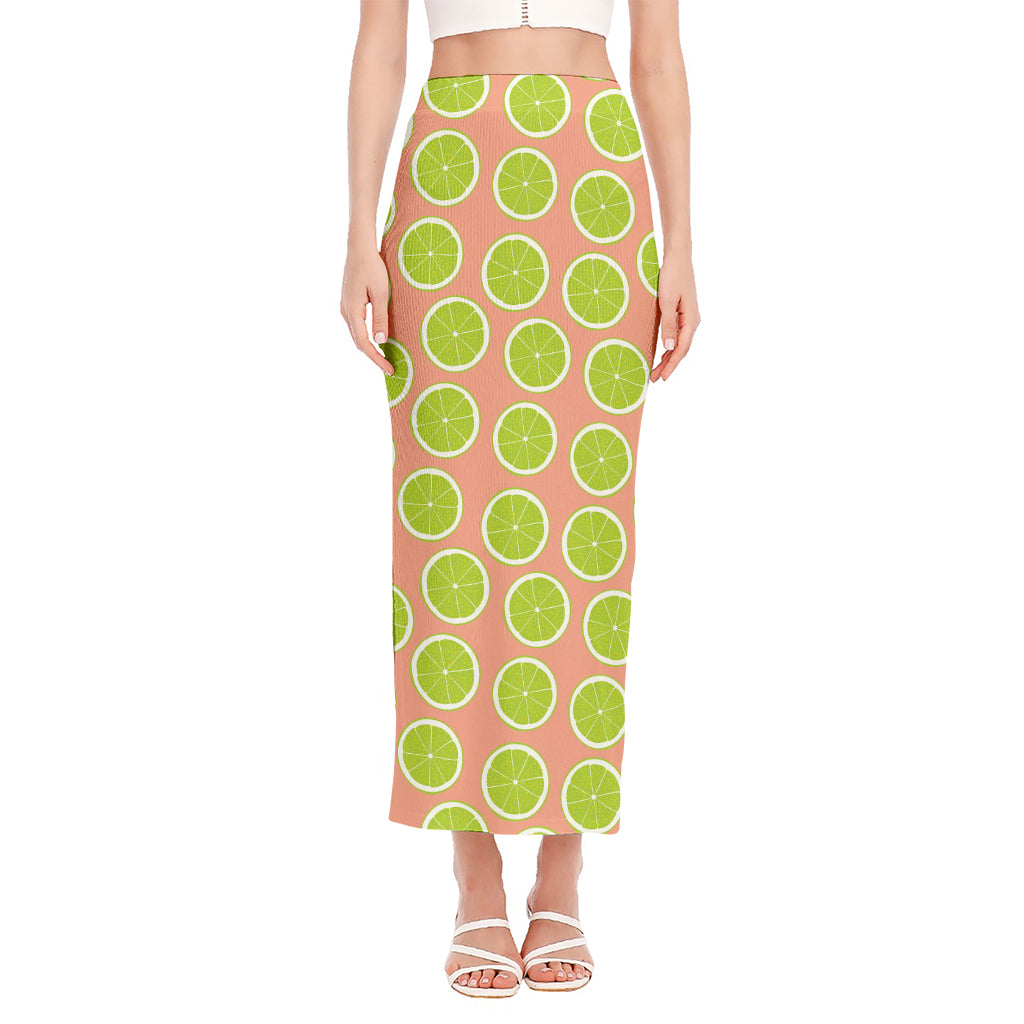Cute Lime Pattern Print Side Slit Maxi Skirt