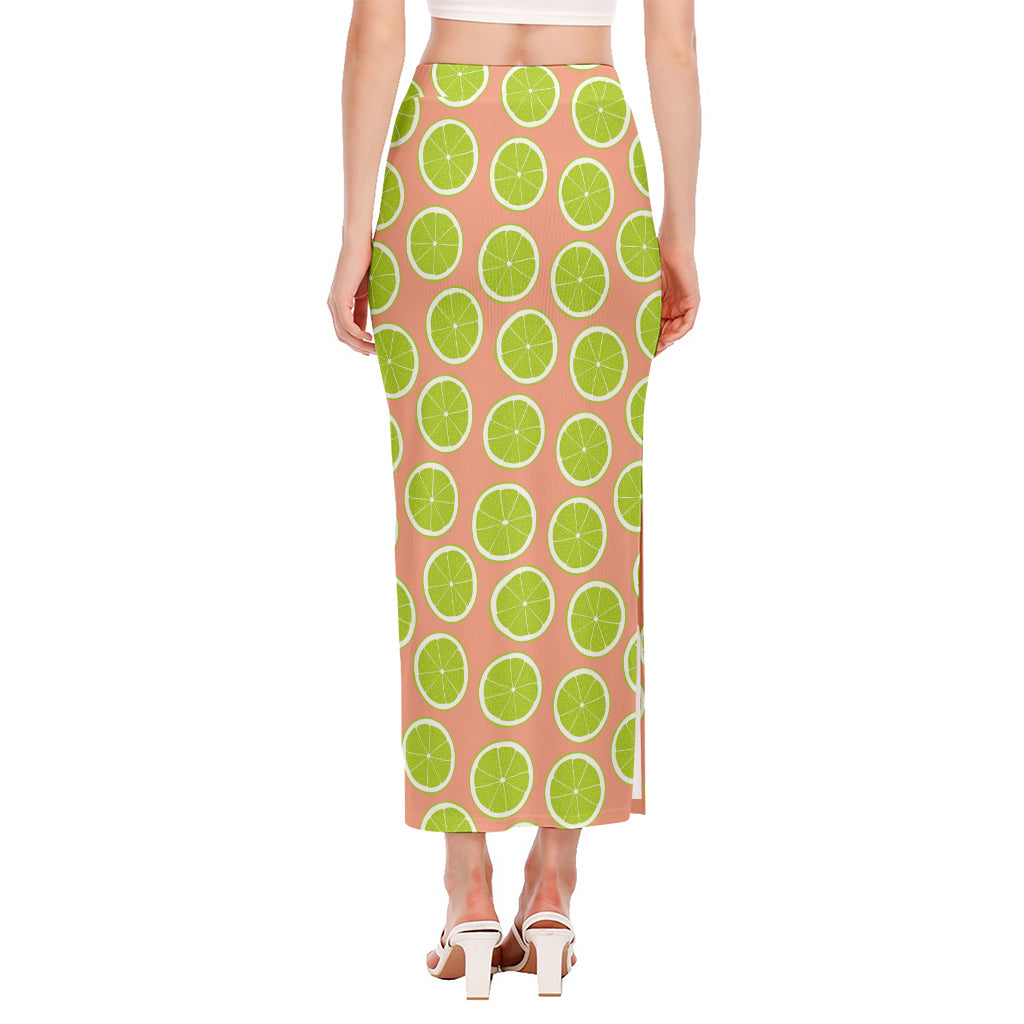 Cute Lime Pattern Print Side Slit Maxi Skirt