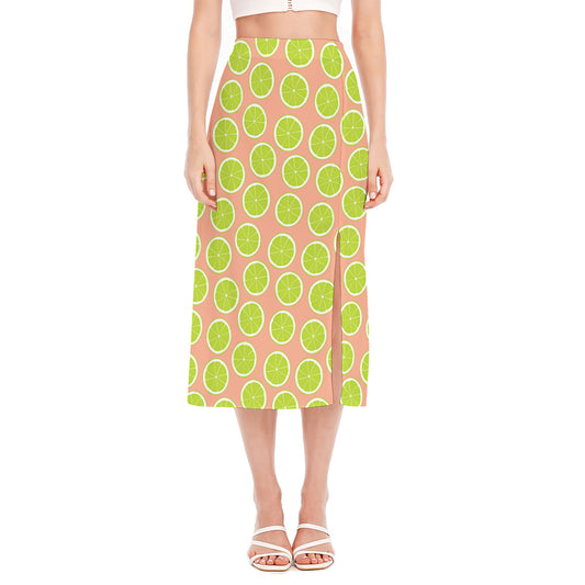 Cute Lime Pattern Print Side Slit Midi Skirt