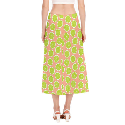 Cute Lime Pattern Print Side Slit Midi Skirt