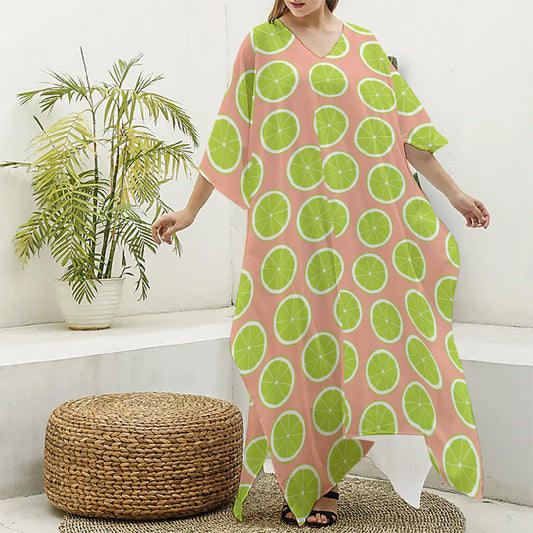 Cute Lime Pattern Print Silk V-Neck Kaftan Dress