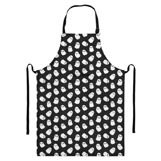 Cute Little Ghost Pattern Print Bib Apron With Pocket