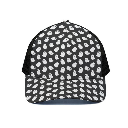 Cute Little Ghost Pattern Print Black Mesh Trucker Cap