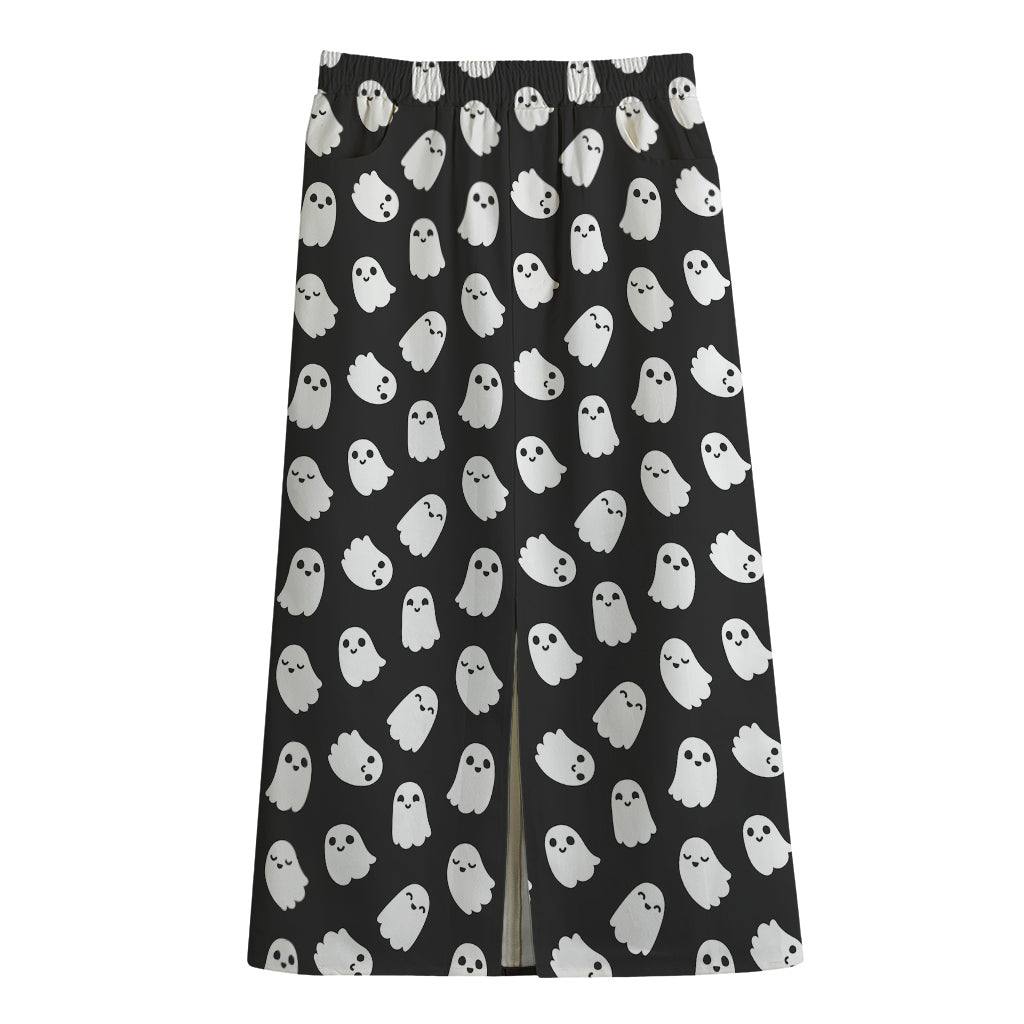 Cute Little Ghost Pattern Print Cotton Front Slit Maxi Skirt