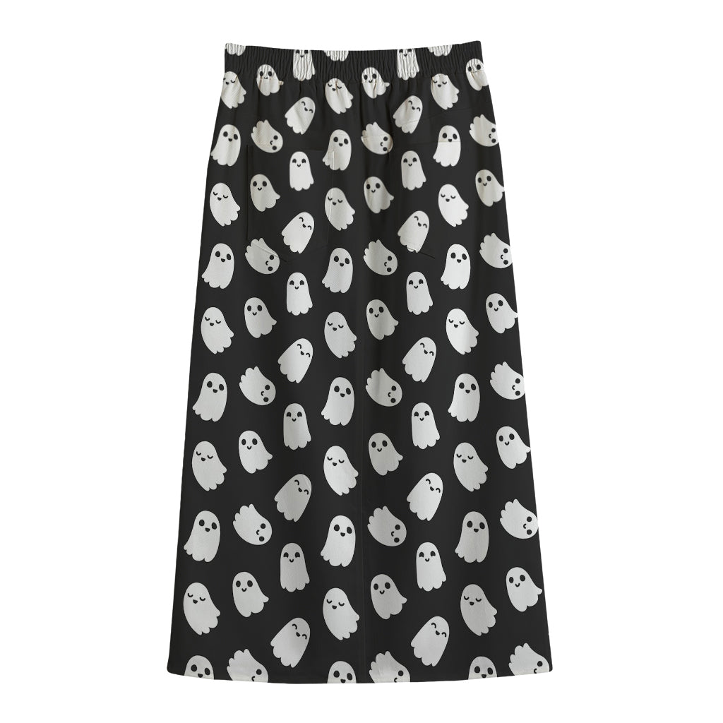 Cute Little Ghost Pattern Print Cotton Front Slit Maxi Skirt