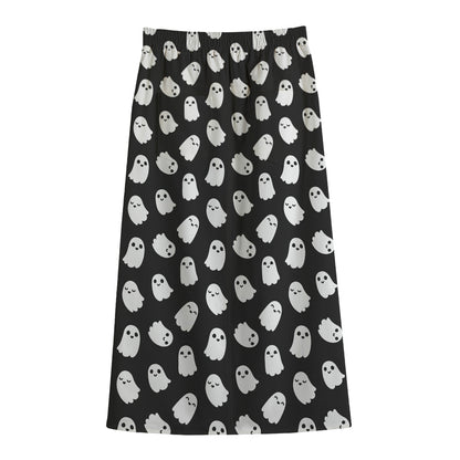 Cute Little Ghost Pattern Print Cotton Front Slit Maxi Skirt