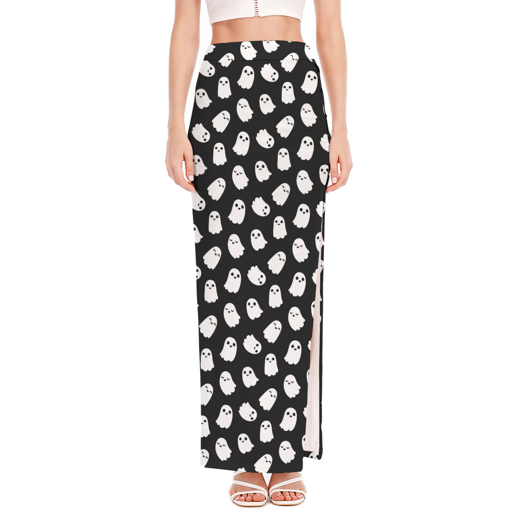 Cute Little Ghost Pattern Print High Slit Maxi Skirt