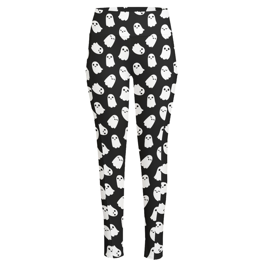 Cute Little Ghost Pattern Print High-Waisted Pocket Leggings