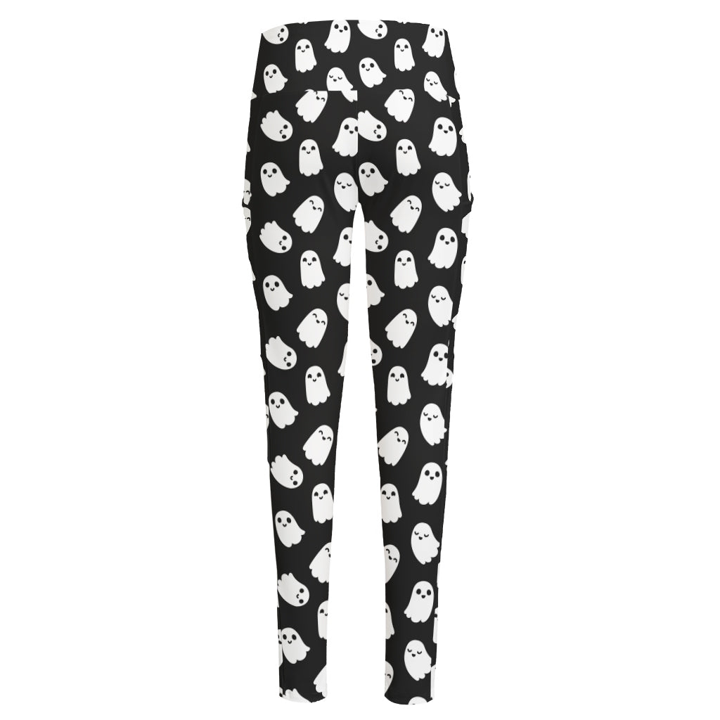 Cute Little Ghost Pattern Print High-Waisted Pocket Leggings