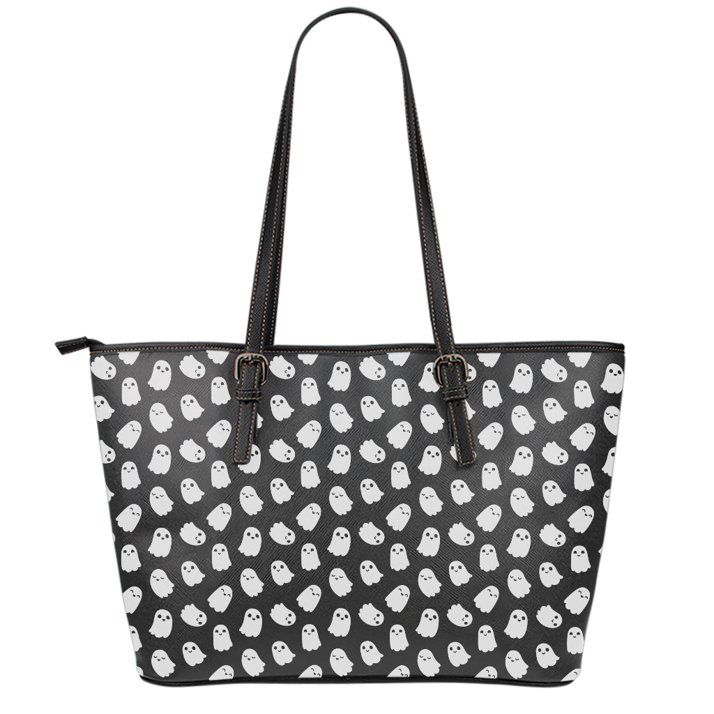 Cute Little Ghost Pattern Print Leather Tote Bag