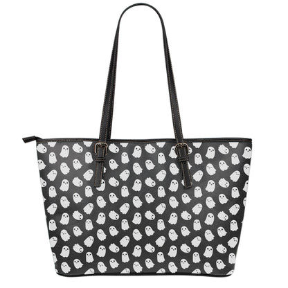 Cute Little Ghost Pattern Print Leather Tote Bag