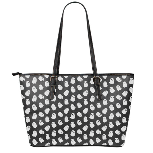 Cute Little Ghost Pattern Print Leather Tote Bag