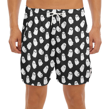 Cute Little Ghost Pattern Print Men's Split Running Shorts