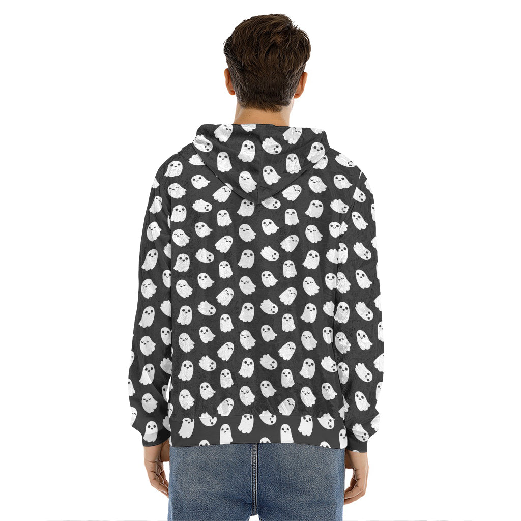 Cute Little Ghost Pattern Print Men's Velvet Pullover Hoodie