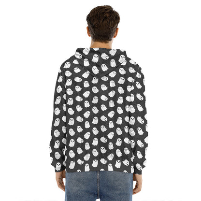 Cute Little Ghost Pattern Print Men's Velvet Pullover Hoodie