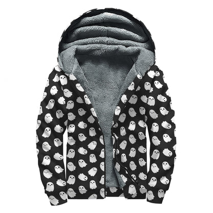 Cute Little Ghost Pattern Print Sherpa Lined Zip Up Hoodie