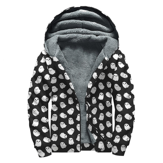 Cute Little Ghost Pattern Print Sherpa Lined Zip Up Hoodie