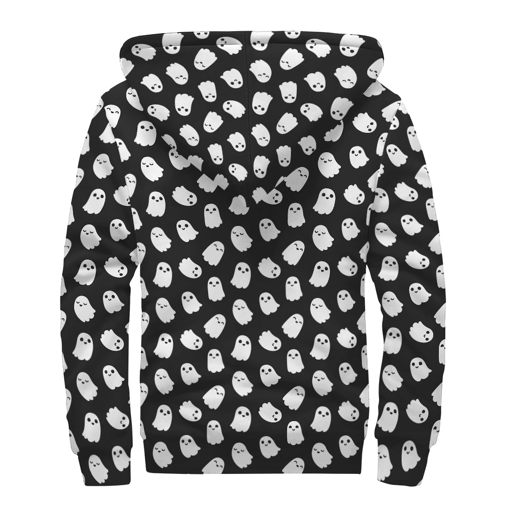 Cute Little Ghost Pattern Print Sherpa Lined Zip Up Hoodie